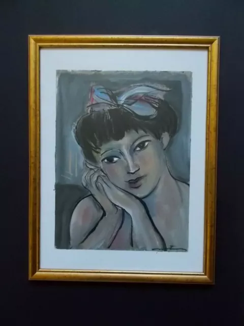 Peinture sur papier de philippe Martinery , " Fille au Ruban Bleu "