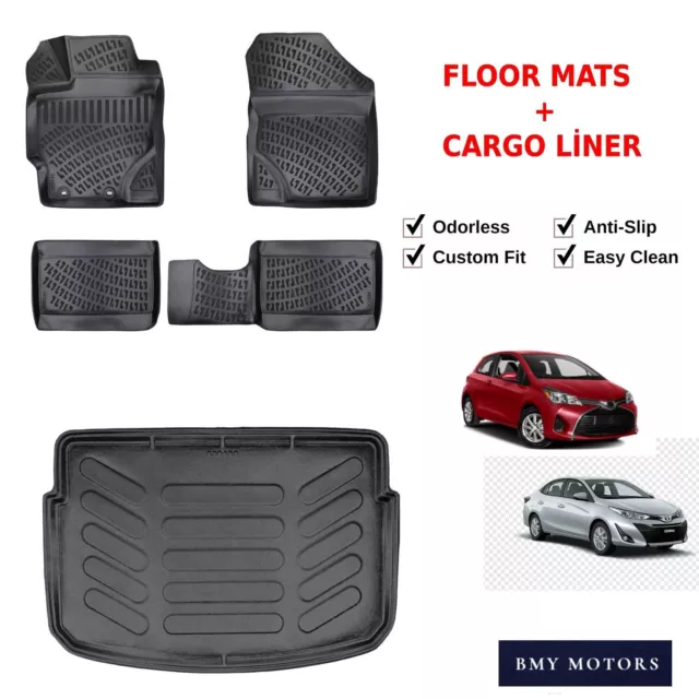 Floor Mats + Cargo Trunk Liner Fits Toyota Yaris 2013-2019 3D Molded Black SET