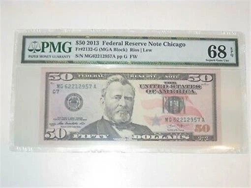 FR 2132-G 2013 $50 Federal Reserve Note PMG 68 EPQ SUPERB GEM UNC 1 OF 5