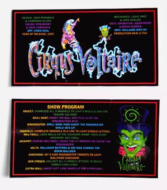 * * Tarjetas de delantal/instrucción personalizada 'CIRQUS VOLTAIRE' Bally 1997 * (Nuevo)