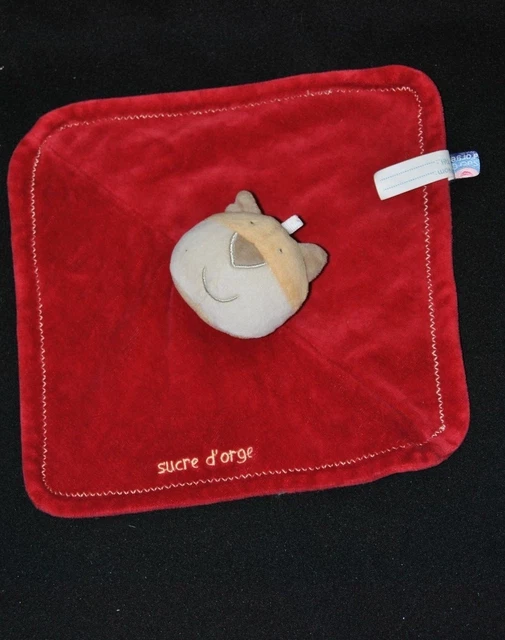 Peluche doudou chat tigre jaune blanc SUCRE D'ORGE plat rouge carré TTBE