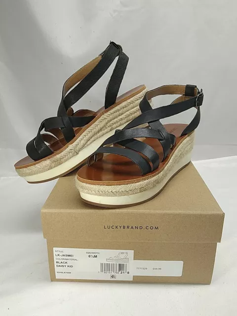 LUCKY BRAND JASMEI Espadrille Leather Brown Black Strappy Wedge Sandal ...