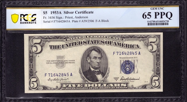 1953 A $5 Silver Certificate Note Fr.1656 Fa Block Pcgs B Gem Unc 65 Ppq