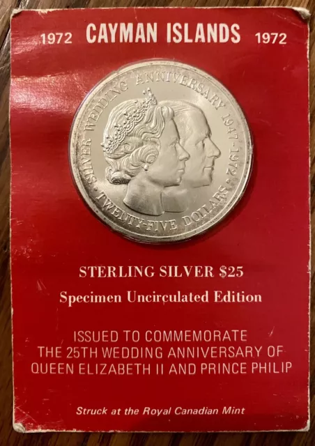 1972 Cayman Islands $25 Sterling Silver Specimen Coin (25th Wedding Anniversary)
