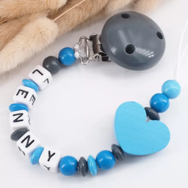 Schnullerkette mit Namen - Junge - HERZ blau grau Nuckelkette Geschenk Geburt