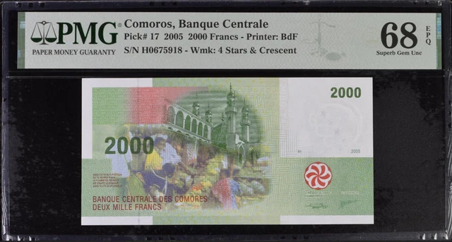 Comoros 2000 Francs 2005 P 17 Superb Gem UNC PMG 68 EPQ NR