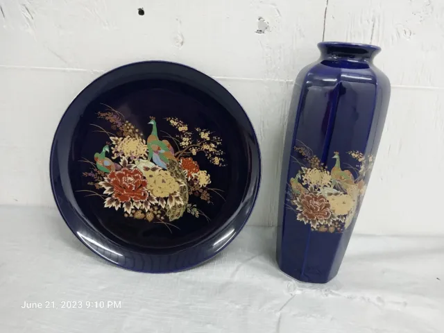 Set of 2 Vintage Cobalt Blue/Gold Cloisonne Flowers & Bird Vases + Plate