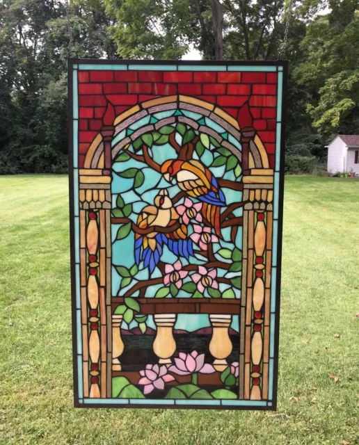 20.75" x 35" Handcrafted stained glass window panel Love Birds Two Parrots