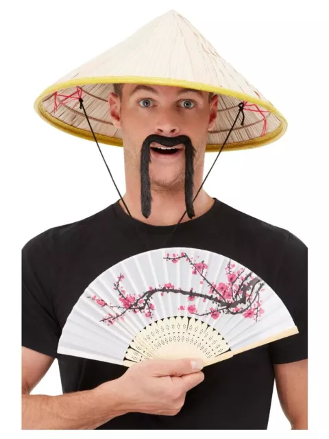 Asian Japanese Chinese Oriental Costume Kit Bamboo Coolie Moustache and Hand Fan