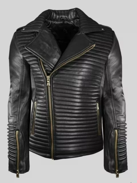 Hot Men's Black Designer Quilted Biker Jacket Genuine Lambskin Real Leather Coat
