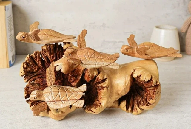 Sea Turtle Sculpture, Hand Carved Statue, Coral, Wood Carving, Decor, Gift Idea