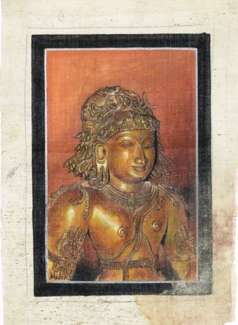 Indien Miniature Ancien Peinture De Bouddha Vintage Art Sur Soie Vêtements