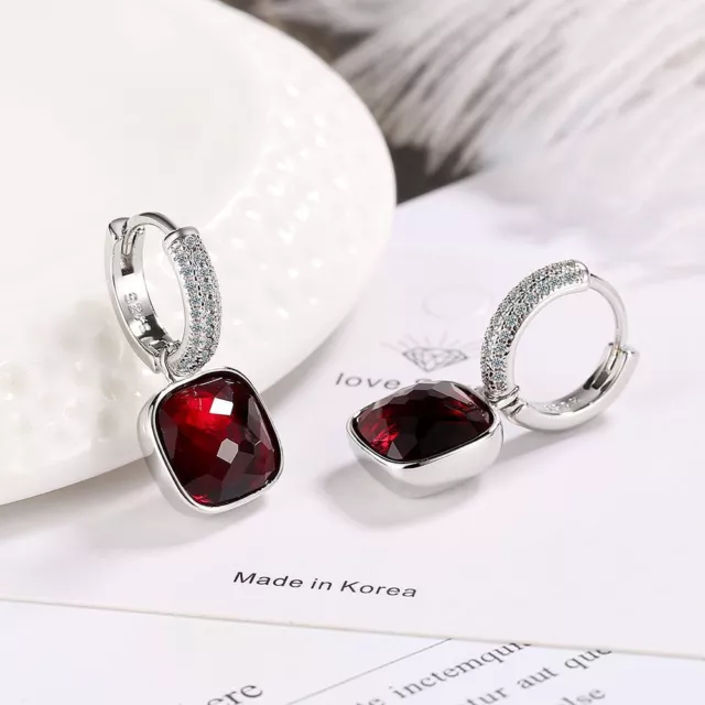 Square Crystal Stone Dangle Drop 925 Silver Hoop Huggie Earrings Women Jewellery