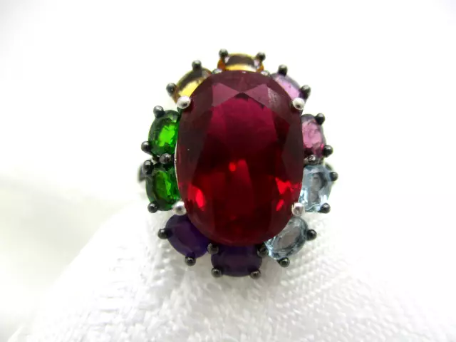 Estate Jewelry Marked 925 Bbj Sterling Silver Red Ruby Multi Gemstone Ring Sz 9