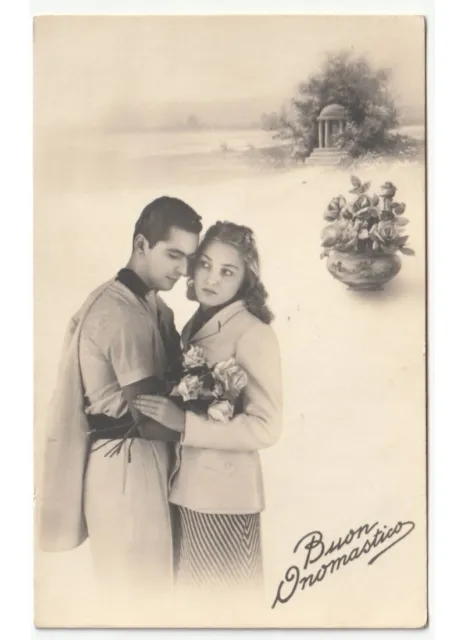 foto cartolina anni '40 coppia innamorati paesaggio marino Buon Onomastico