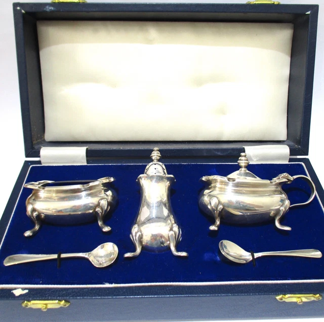Vintage 925 Sterling Silver  Cruet Set  Salt Pepper Mustard Pots Spoons  Boxed,