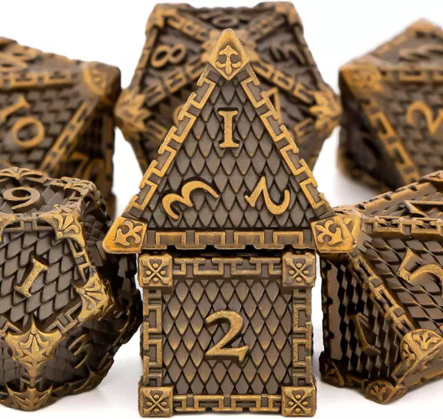 D&D Dice Set,  Dungeons and Dragons DND Dice Set, Ancient Gold 7Pcs Metal Polyhe