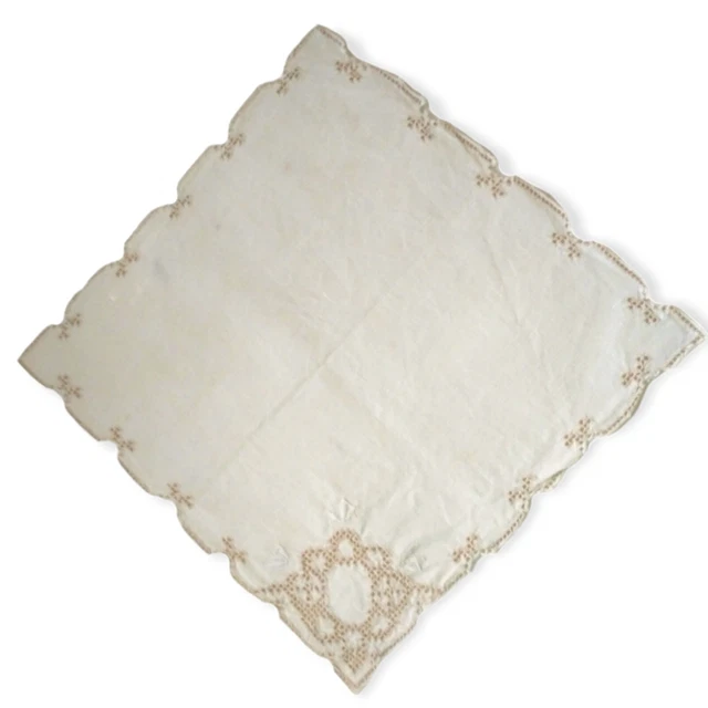 Victorian Linen Handkerchief Ivory Beige Hankie Scalloped Edge Square Bridal