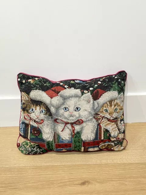 Vintage Tapestry Throw Pillow Cats w/ Santa hats Christmas Kittens Decor