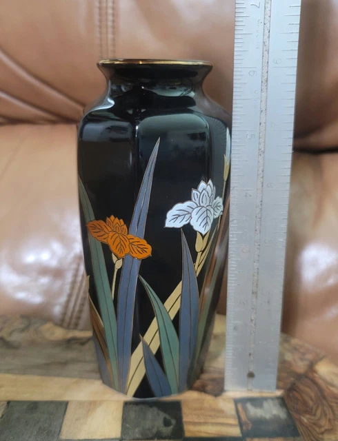 Vintage Otagiri White Red Iris Flower Vase Black Porcelain Gold Rim Japan 6 inch
