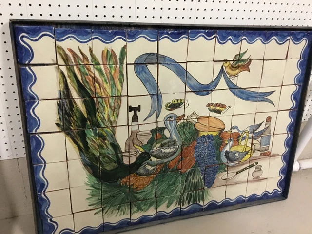 HUGE antique Mexican TILE mural on board