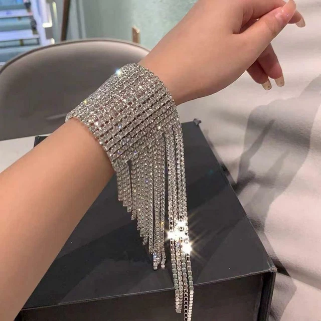 Long Tassel Rhinestone Bracelet Hand Jewelry Women Bridal Crystal Statement