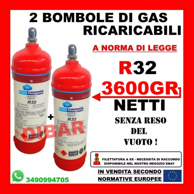 R32 Gas Refrigerante In 2 Bombole Ricaricabili Da 2,5 Litri 3600Gr Netto