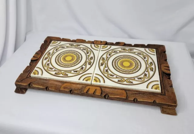 Vintage Wood Framed Dal-Tile Mexico Tile Footed Trivet Hot Plate Hand Carved