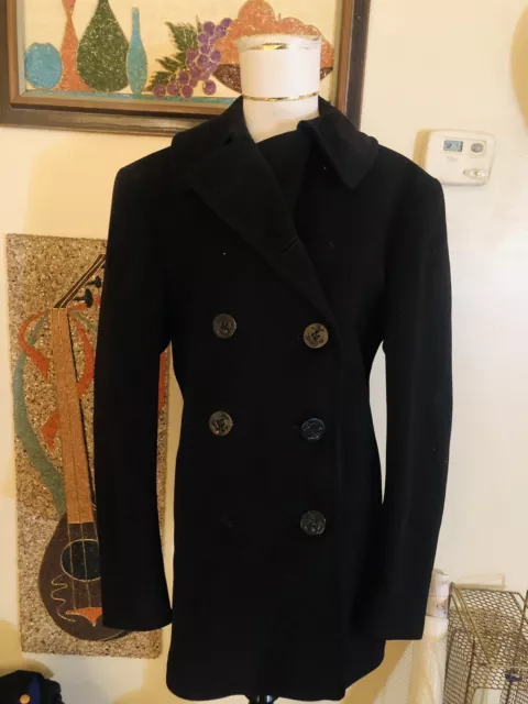 VINTAGE WW2 US NAVY Black Double Breasted Peacoat Jacket Wool Coat