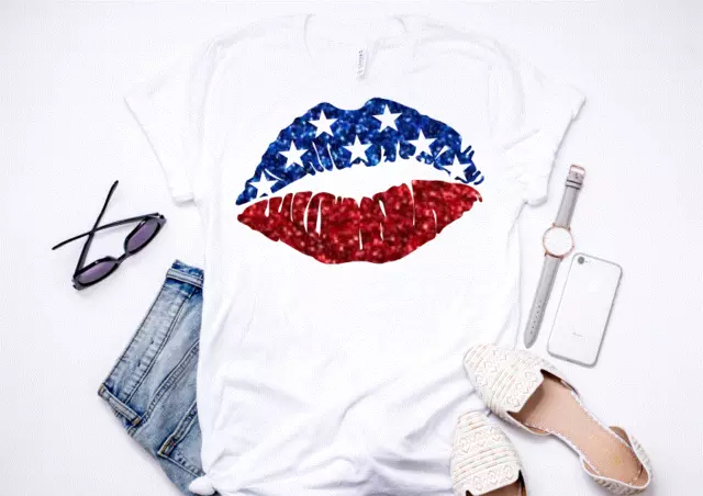 American Flag Glitter Lips Patriotic Women's T-shirt 4th of July USA Flag Tee