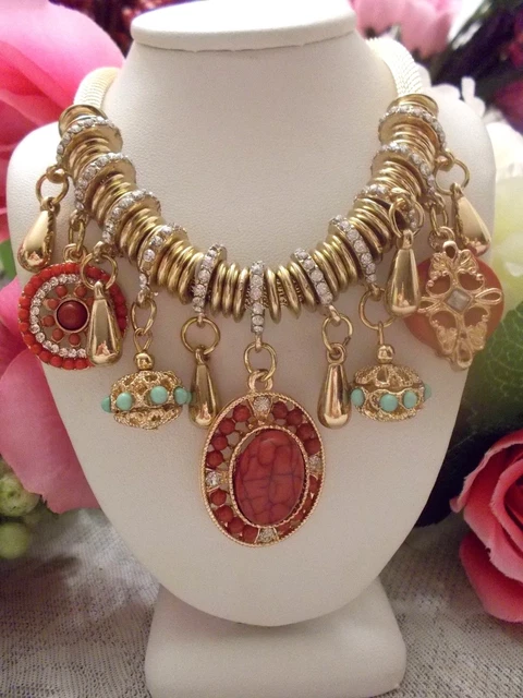 Betsey Johnson Boho Tibetan Style Rose Red Beads Crystal Stone Charmed Necklace
