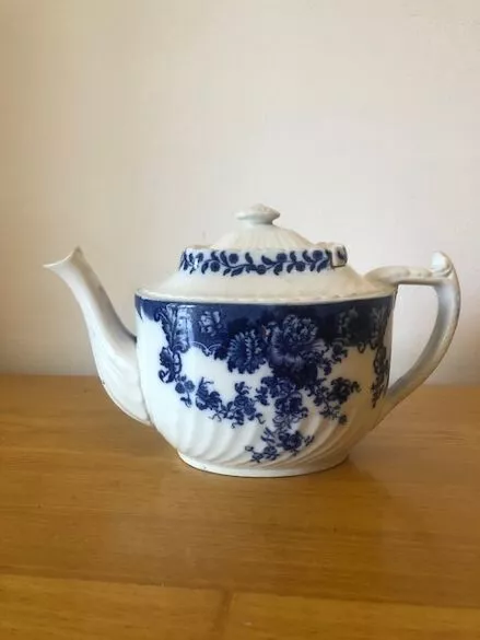 Vintage Crown Pottery Blue/white Tea Pot. with rare sliding lid.Stoke on Trent