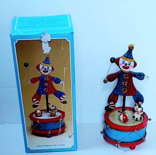 Vintage Animated Music Box Clown Dog Ball Send In The Clowns Articulated Wood