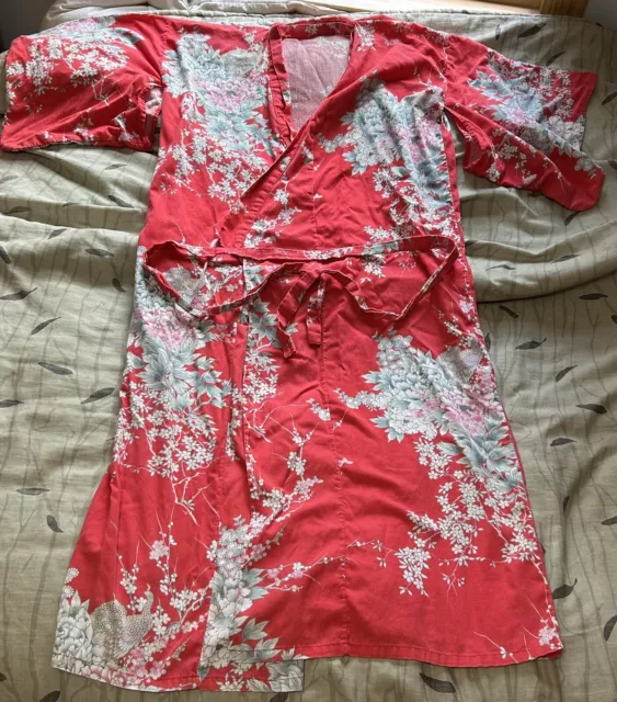 Robe Japanese Cotton Print Kimono Made In Japan Red Belted Size 54 (Large) 50”