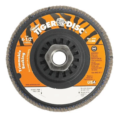 Trimmable Tiger Flap Discs, 4 1/2 In, 40 Grit, 5/8 Arbor, 13,000 Rpm Weiler