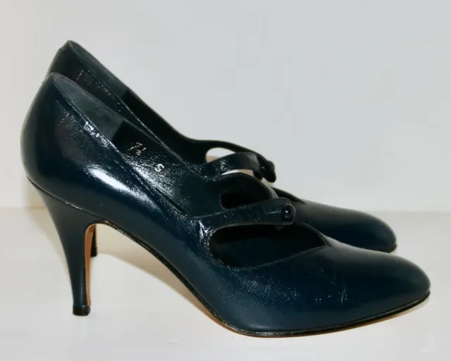 HALSTON blue leather high heel shoes 7.5 S ITALY VTG