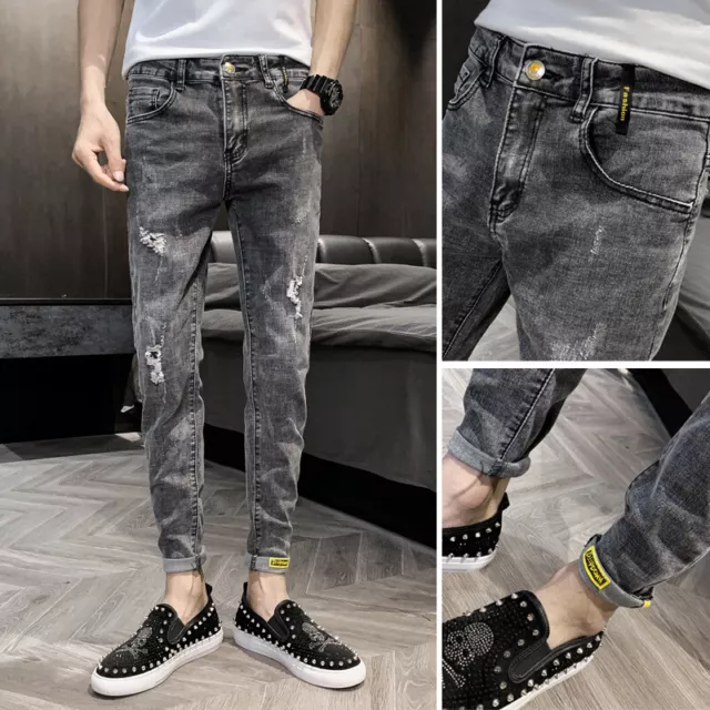 Men Casual Denim Joggers Ripped Pants Stretch Elastic Trousers Skinny Gray Jeans