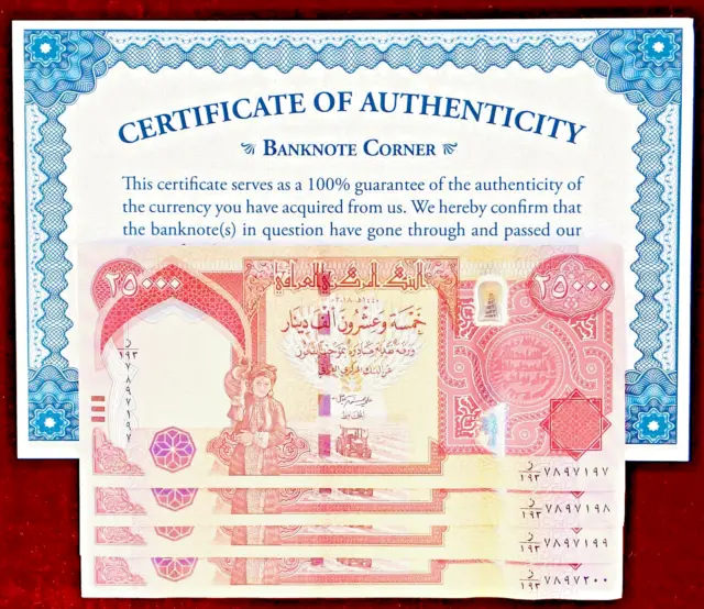 Authentic Iraqi 4X 25,000 Iqd Dinar 100000 Uv Passed Coa Certificate New Design