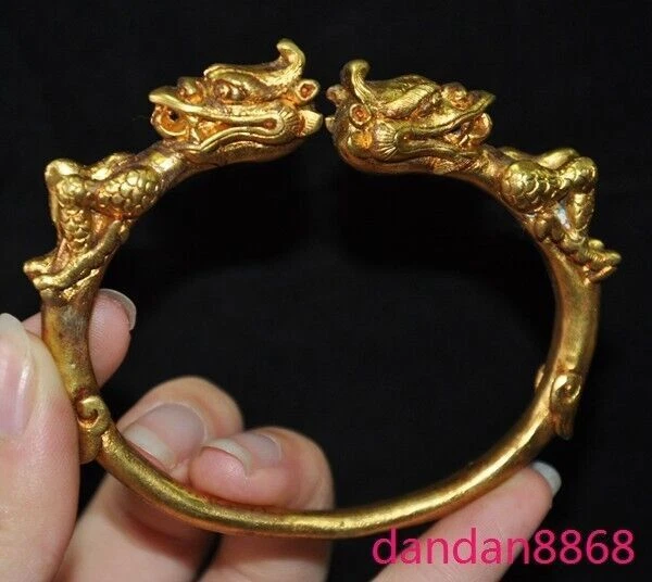 Old China Dynasty Palace Bronze gilt 24k gold beast head Amulet bracelet Bangle