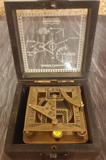 Dollond London Antique Maritime 3" Brass Sundial Compass & Glass Top Wooden Box