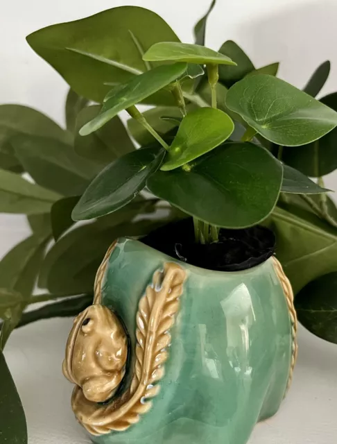 Vintage Art Pottery Glazed Ceramic Frog Toad Planter Pot Majolica Style Green