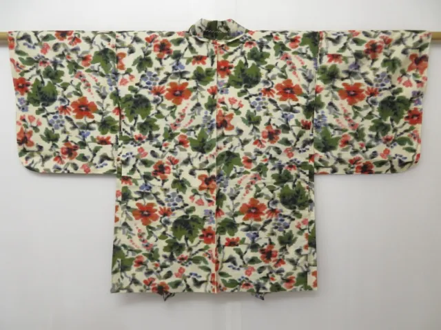 1407T03z380 Vintage Japanese Kimono Silk MEISEN HAORI Off-white Flower