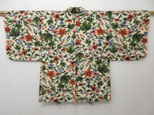 1407T03z380 Vintage Japanese Kimono Silk MEISEN HAORI Off-white Flower
