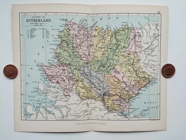 ANTIQUE COUNTY MAP of SUTHERLAND, Scotland - Phillips Handy Atlas ...
