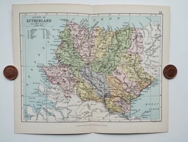 Antique/Vintage County Map of SUTHERLAND, Scotland - Phillips Handy Atlas , 1882
