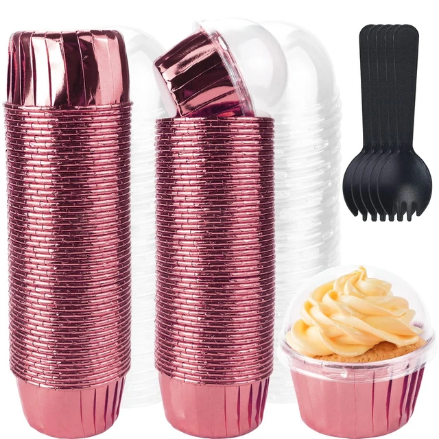100 Sets 3.5oz Cupcake Liners with Dome Lids,Foil Baking Cups