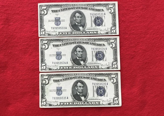 FR-1654 3 Consecutive 1934 D Series $5 Silver Certificates Narrow BP#2010 *UNC*
