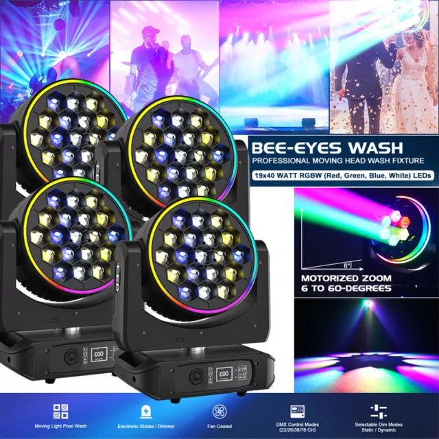 4Stk LED Moving Head Beam Zoom Wash DMX RGBW 19X40W Bühnenlicht DJ Lichteffekte