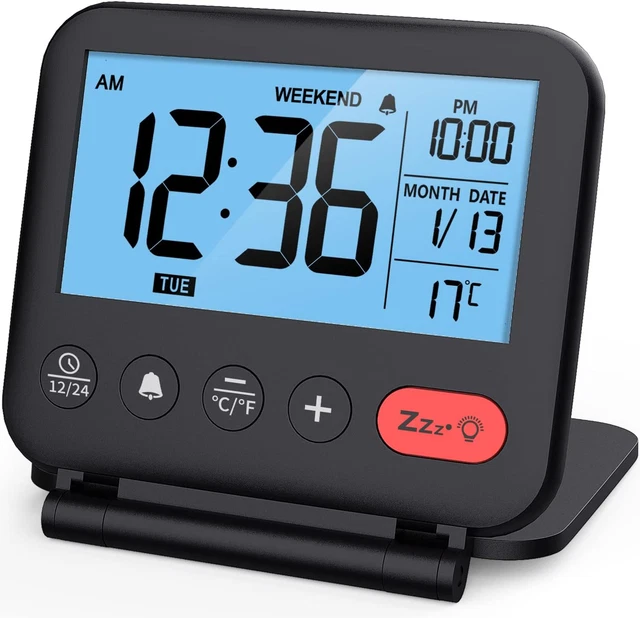 Digital Travel Alarm Clock for Bedroom Office: Small LCD Desk Clock with Backlig