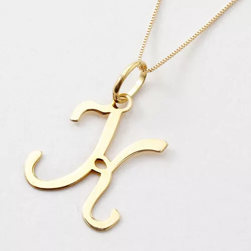 18K Solid Yellow Gold Pendant 0.3mm-t. Initial Letter K w/10K Box Chain 17.75"